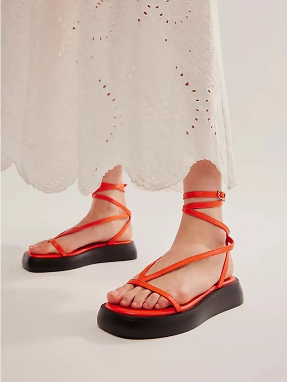 Free People Orange Wrap Lace-Up Espadrille Platforms